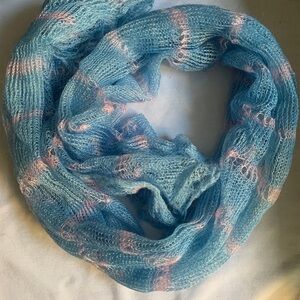 Lightweight Blue and Pink open weave scalloped mohair scarf